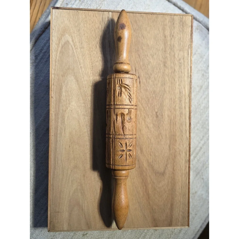 Vintage Hand Carved Wooden Springerle Rolling Pin Owl Star Folk Art Cookie Stamp